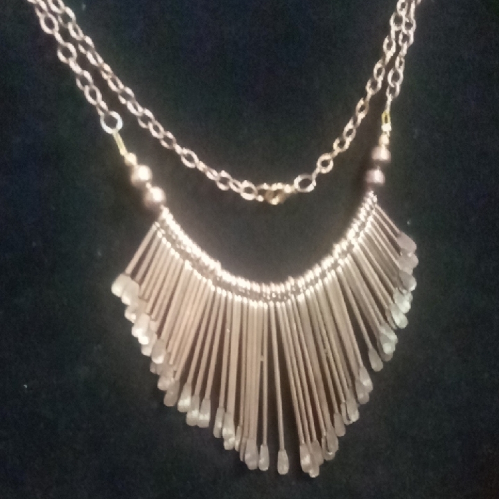 Elegant Gold Fringe bib or collar Necklace 22 in. Long free flowing.